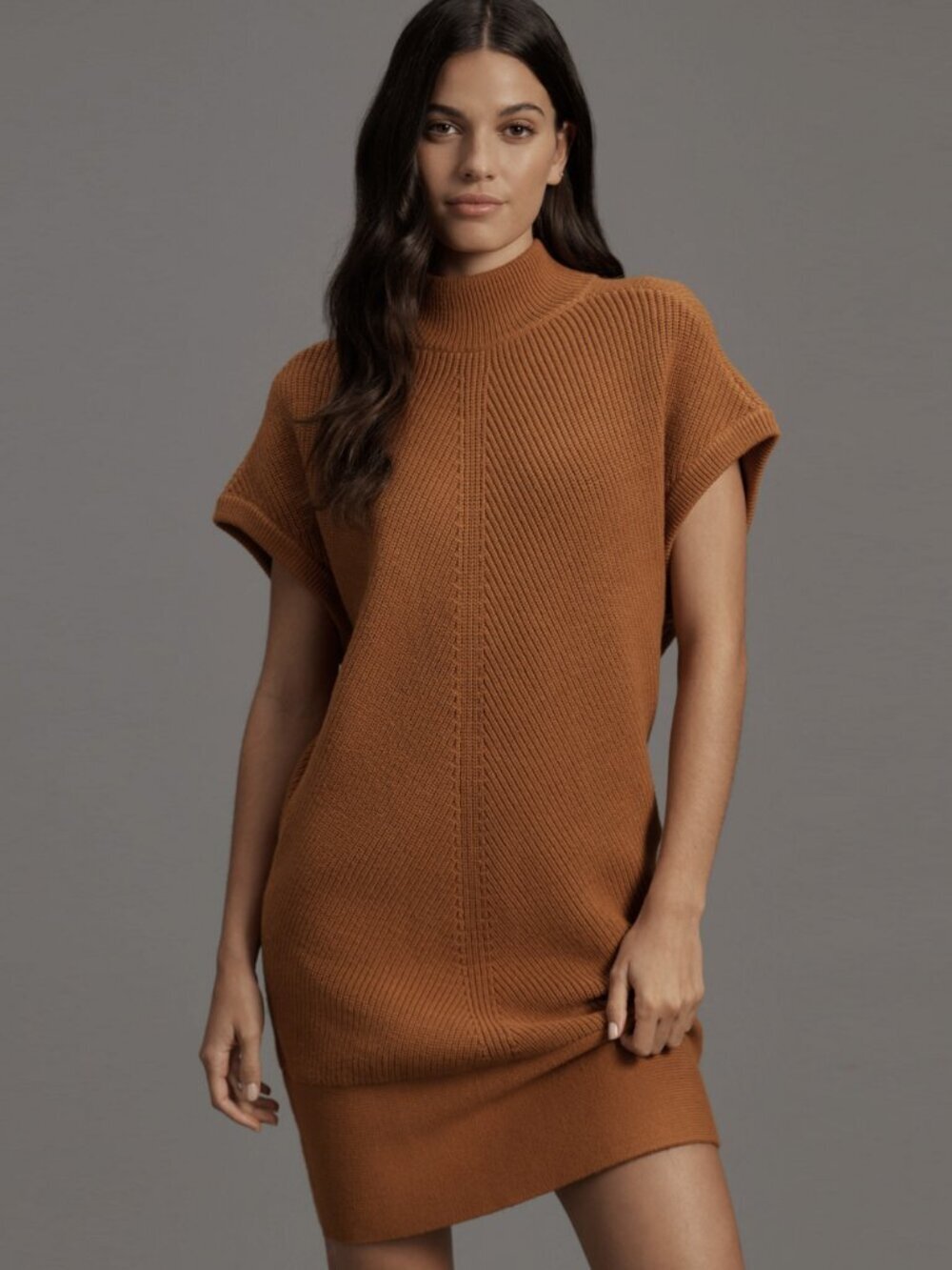 by Anthropologie Short-Sleeve Mock-Neck Pullover Knit Sweater Dress Brown, Large